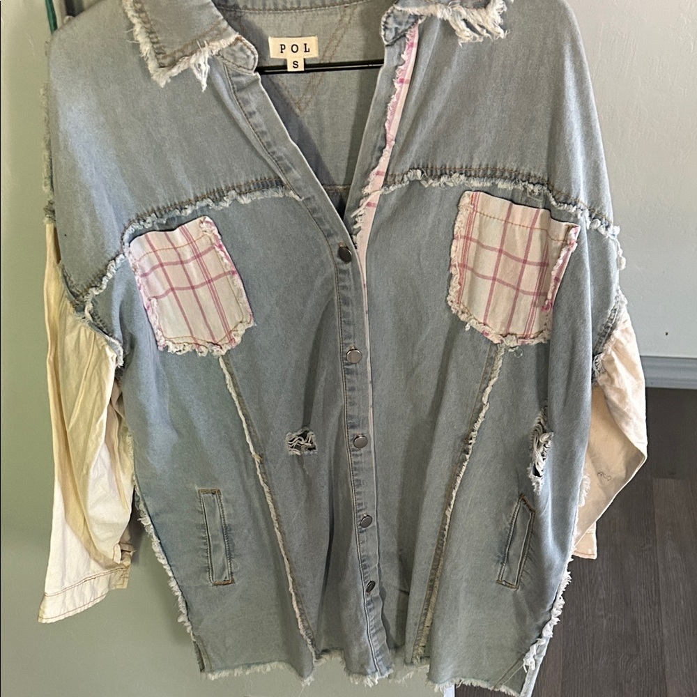 POL Denim Jacket with Pink Plaid and Cream Sleeves cutest, jean
